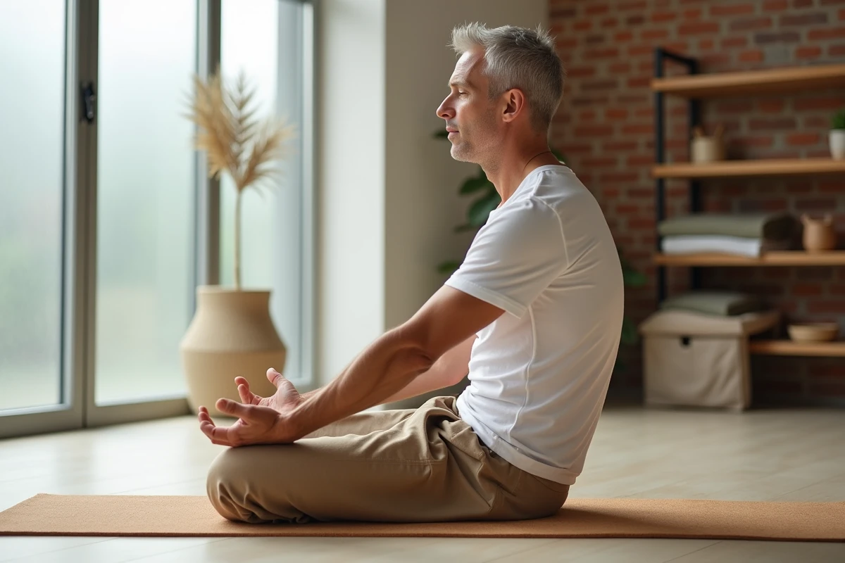 Homme en pose yoga supta baddha konasana allongé, alternative au lotus pour soulager les douleurs aux genoux