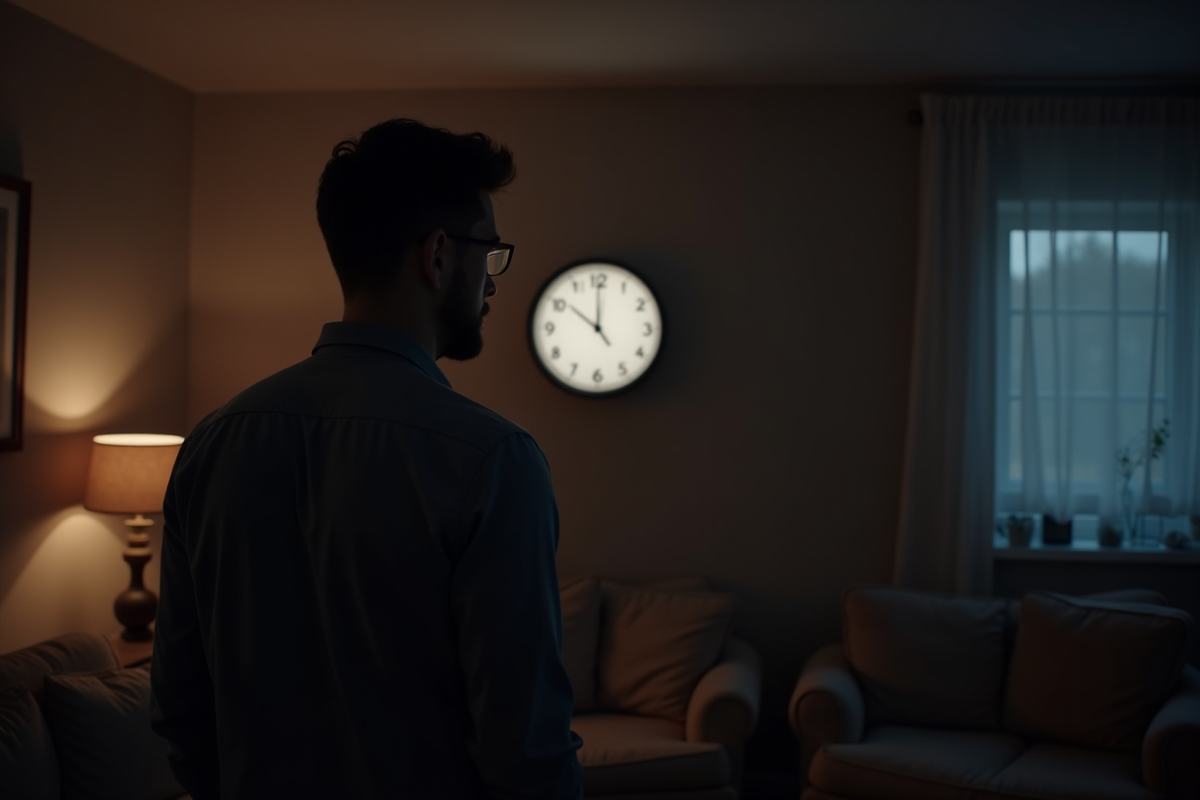 Homme pensif regardant une horloge dans le salon la nuit