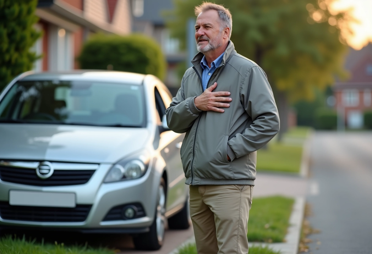 Homme debout près de sa voiture accidentée dans la rue