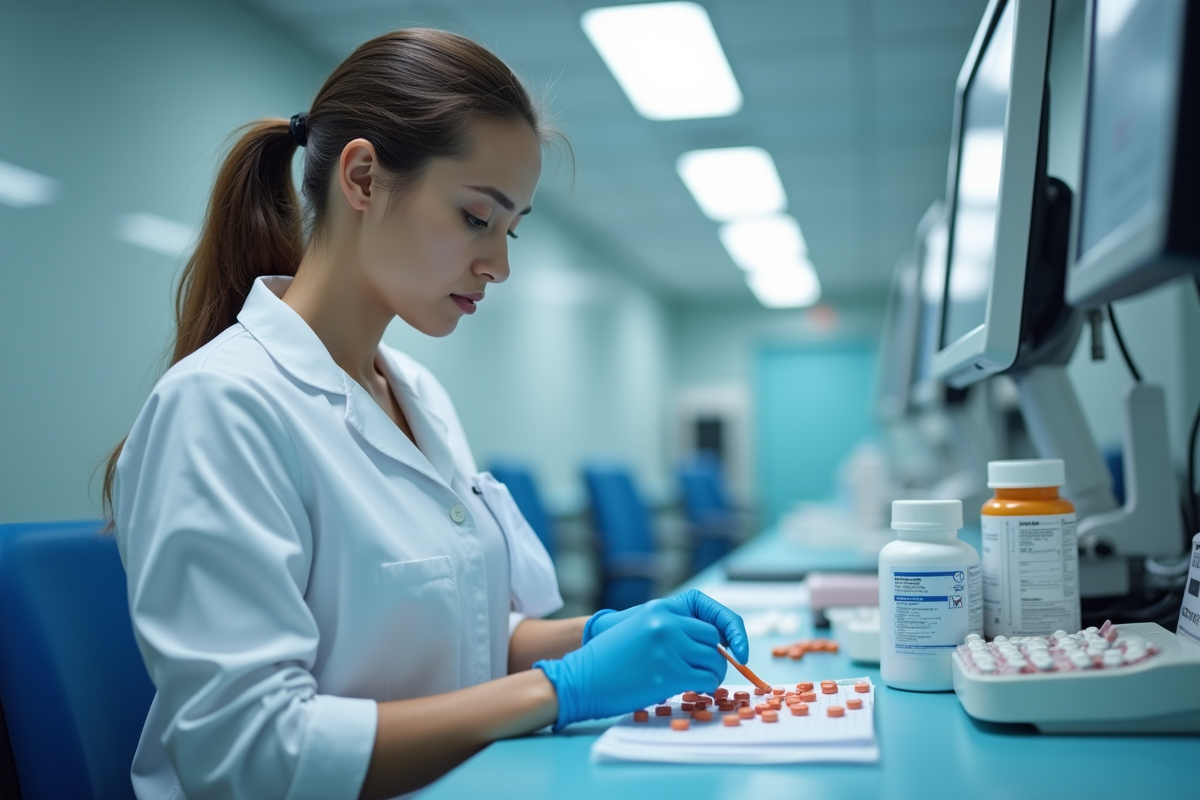 Infirmière préparant un médicament dans un espace clinique lumineux