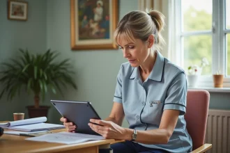 Infirmière d'âge moyen utilisant une tablette dans un bureau de maison de retraite