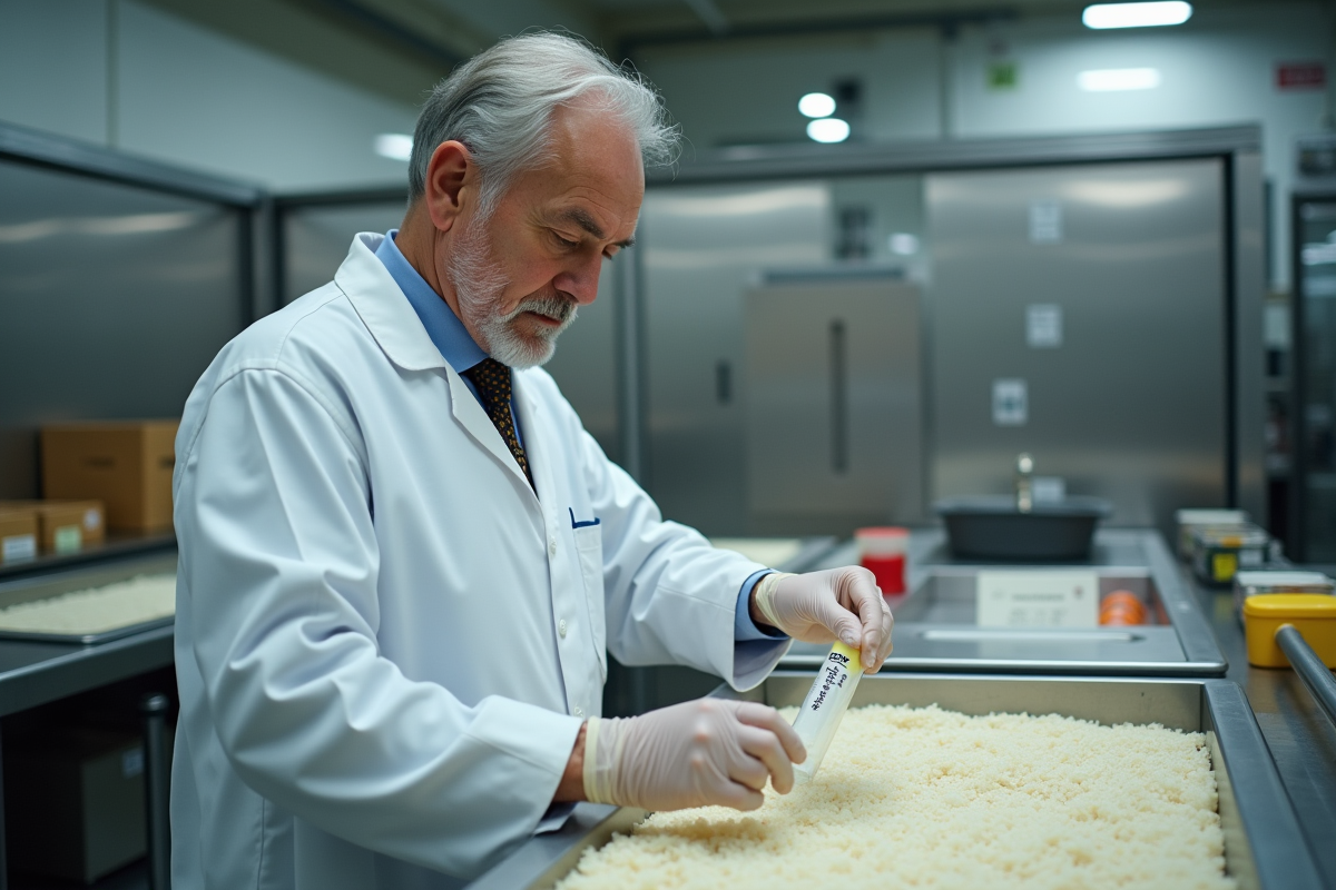 Inspecteur alimentaire contrôlant du riz à sushi en usine
