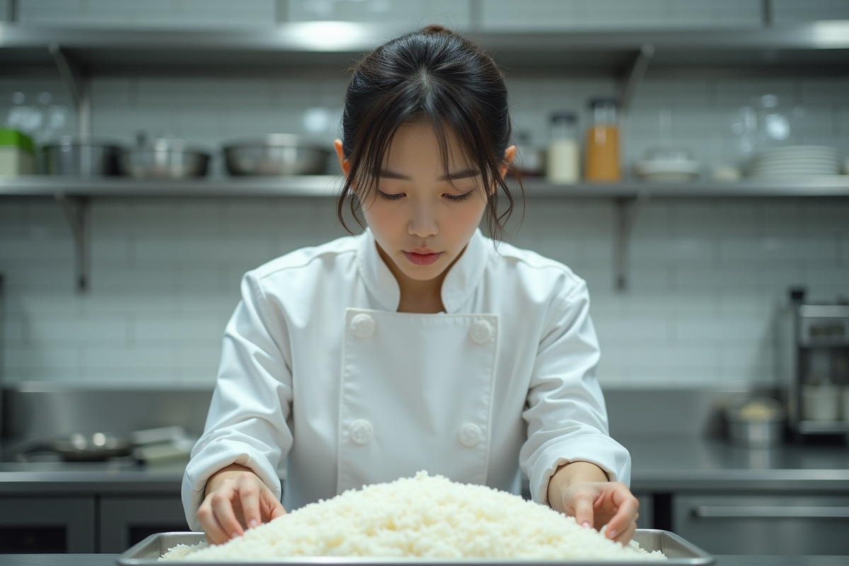 Jeune femme japonaise en chef inspectant du riz à sushi