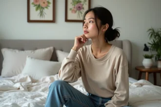 Jeune femme assise sur le lit dans une chambre paisible
