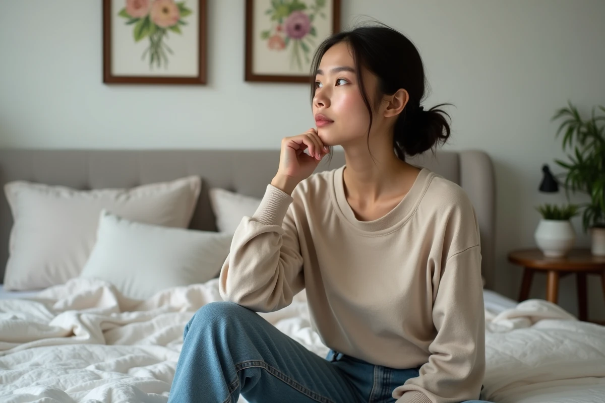 Jeune femme assise sur le lit dans une chambre paisible