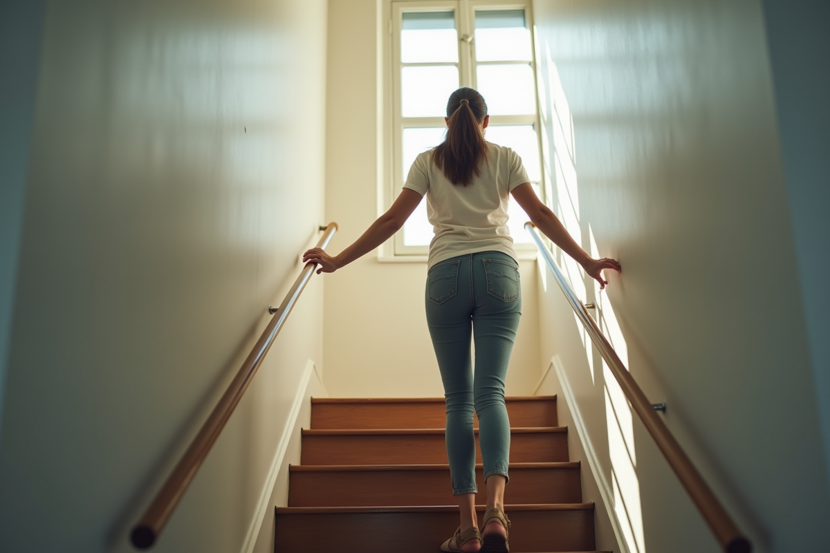 Jeune femme montant les escaliers avec difficulte