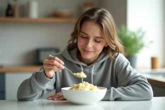 Jeune femme mangeant des purées dans une cuisine moderne