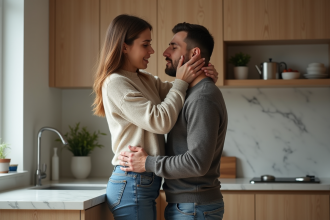 Jeune femme en jeans pratique la manoeuvre Heimlich dans une cuisine moderne