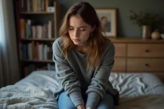 Jeune femme pensive assise sur un lit dans une chambre modeste