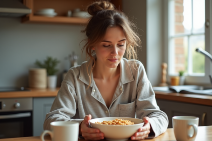 Jeune femme en pyjama petit déjeuner dans une cuisine moderne