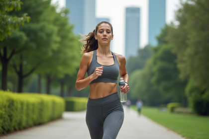 Jeune femme sportive courant dans un parc urbain moderne
