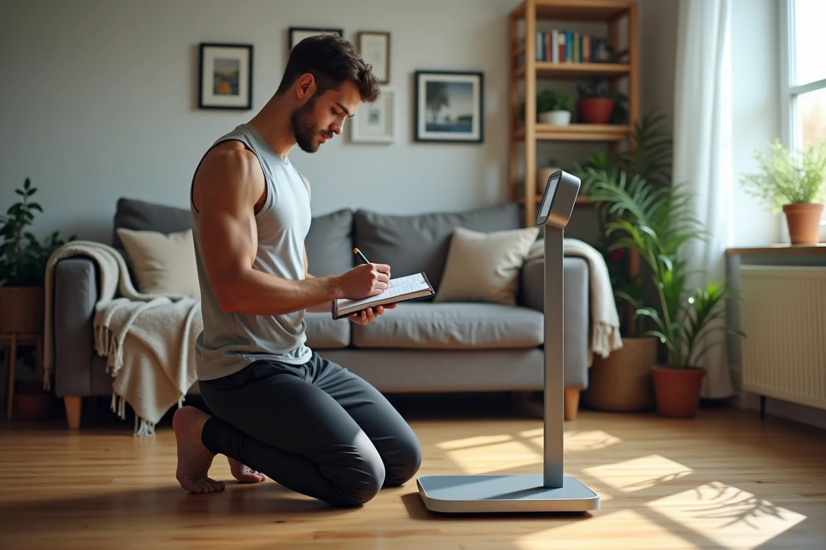 Jeune homme en tenue de sport notant ses résultats de bilan
