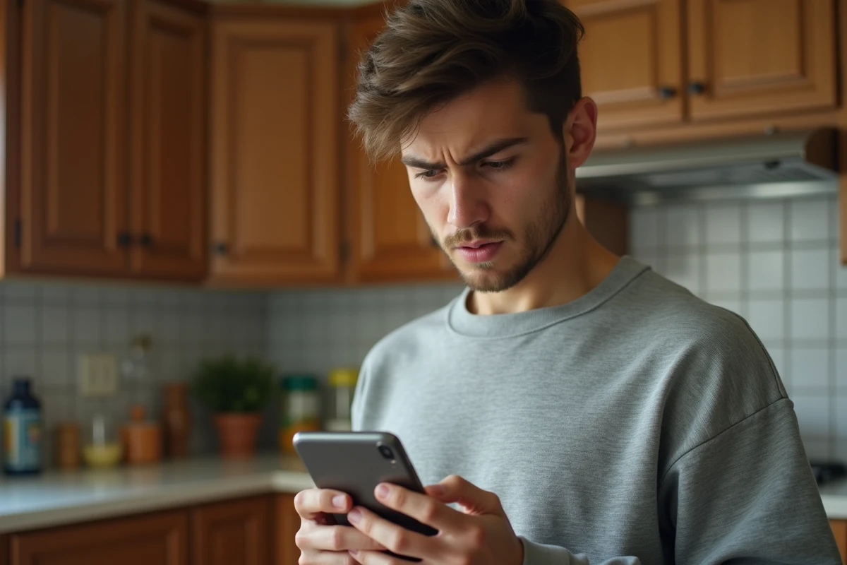 Jeune homme regardant son smartphone avec confusion &agrave; la maison