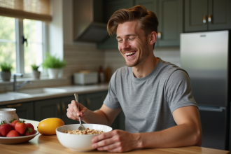 Jeune homme souriant pr&eacute;parant un bol de fruits et flocons d'avoine dans une cuisine moderne