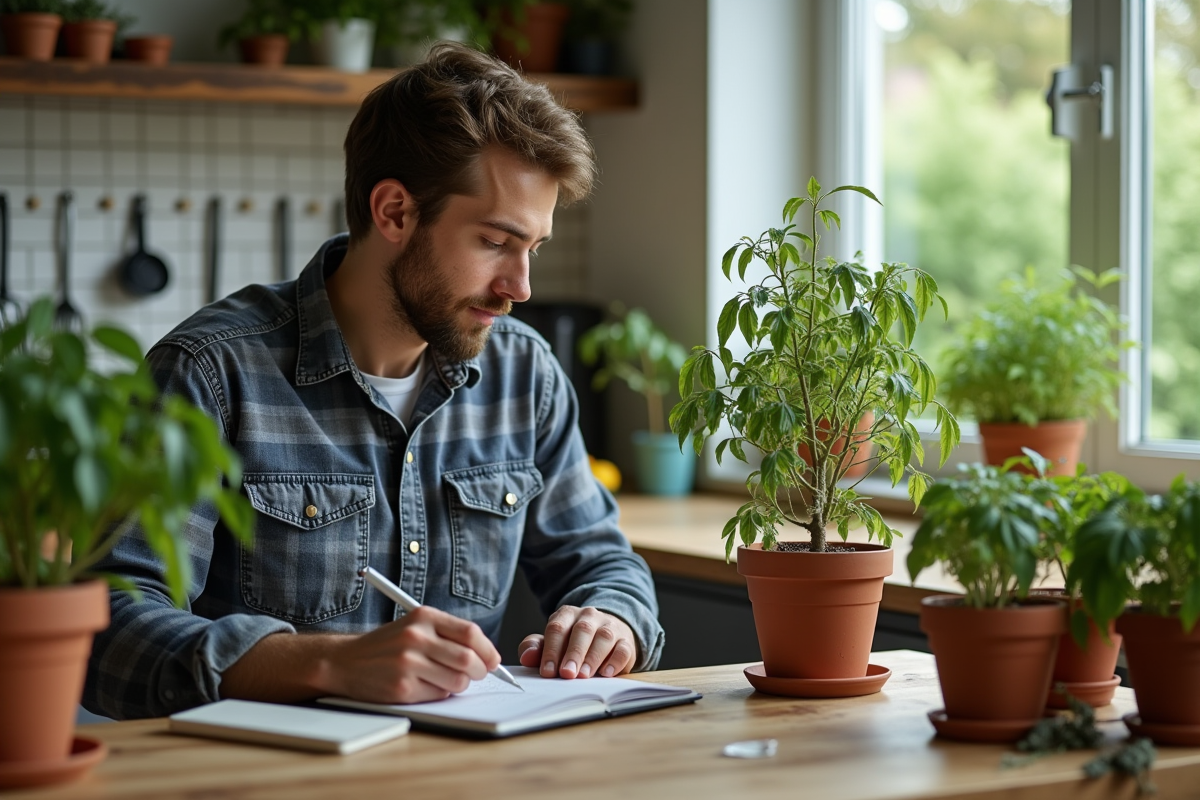 Jeune homme documentant des symptômes de plantes en intérieur