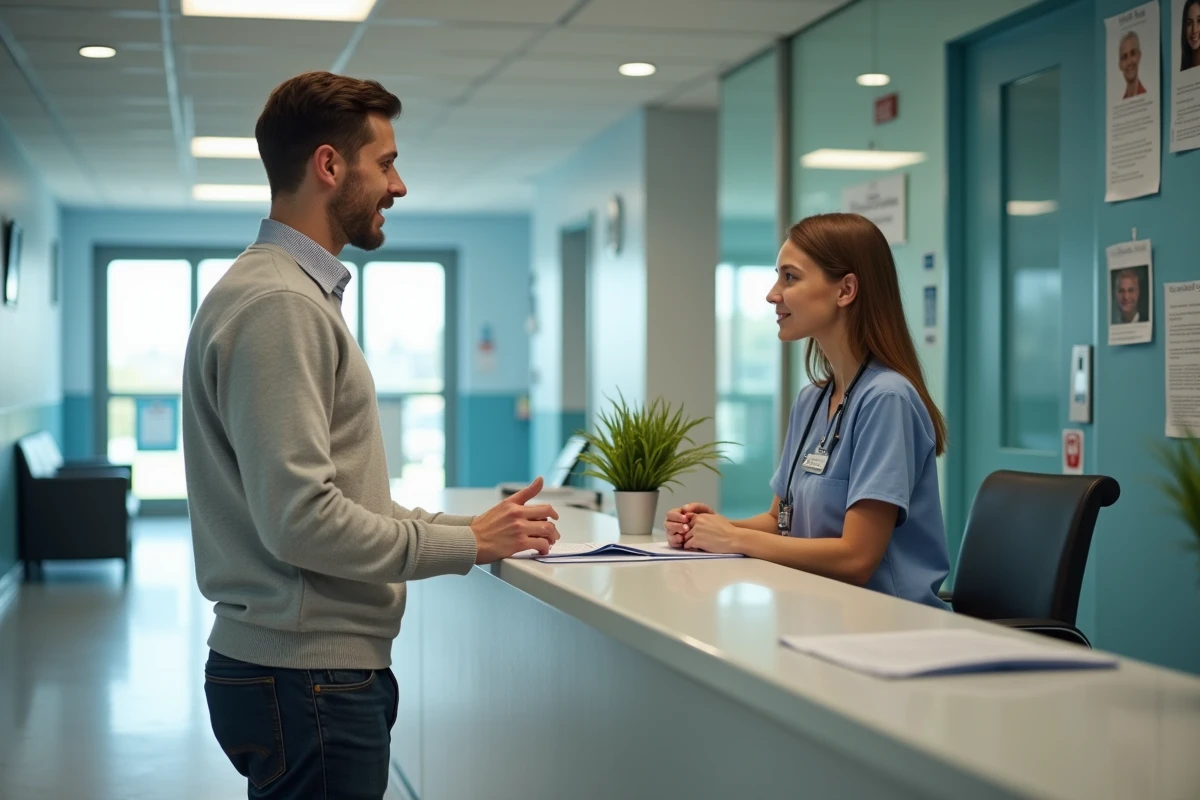 Jeune homme parlant à la réception d