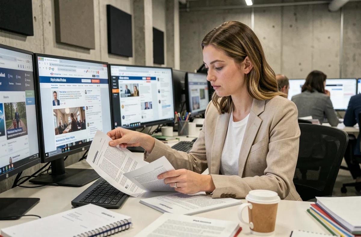 Journaliste vérifiant des informations sur plusieurs écrans dans une salle de rédaction moderne, processus de fact-checking