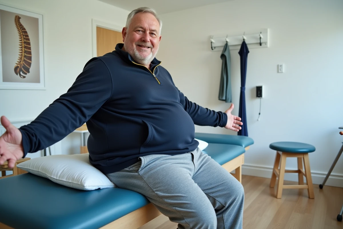Patient en séance de kinésithérapie pour soulager les douleurs liées à l'ostéophytose vertébrale dans un centre de rééducation