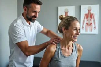 Kinésithérapeute effectuant une mobilisation manuelle de l'épaule sur une patiente pour traiter une fissure du tendon supra-épineux en cabinet de rééducation