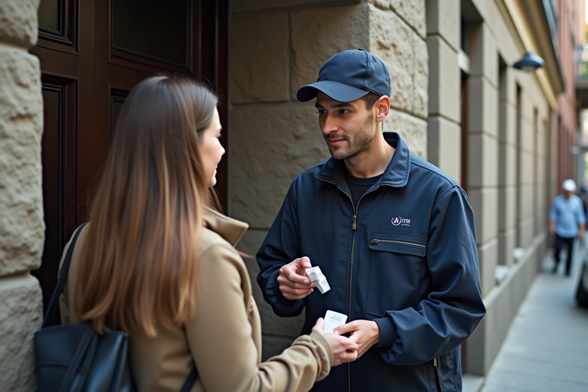 Livreur en uniforme livre un colis devant une porte d appartement