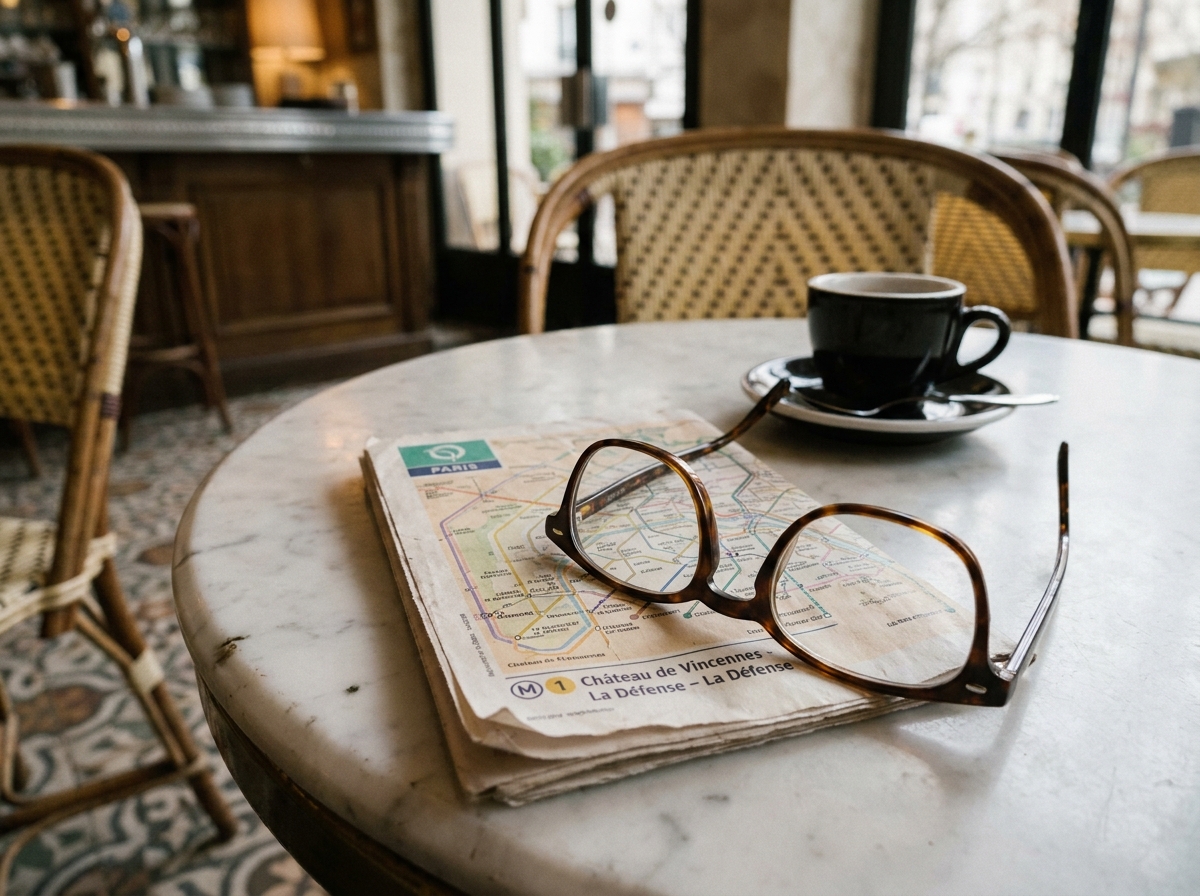 Lunettes en acétate écaille posées sur un plan du métro parisien dans un café typique