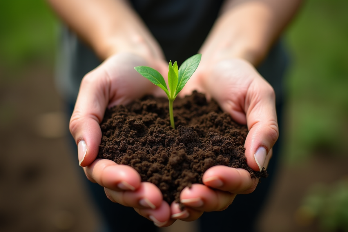 Mains tenant un jeune plant dans la terre en extérieur