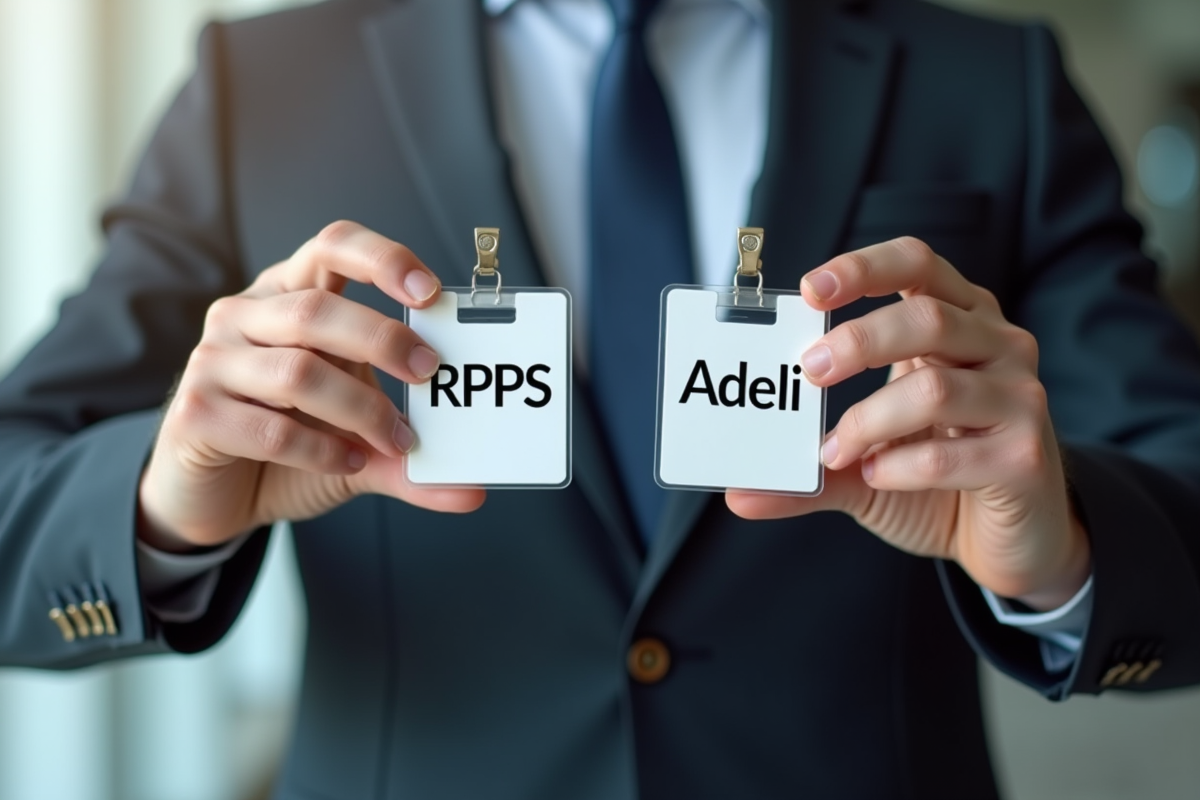 Mains tenant deux badges d
