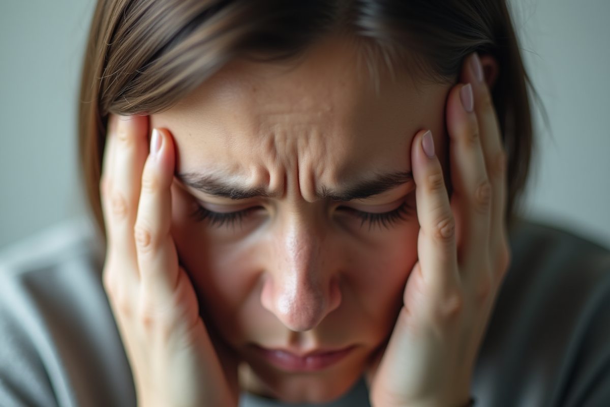 Mains pressant doucement les tempes en signe de stress