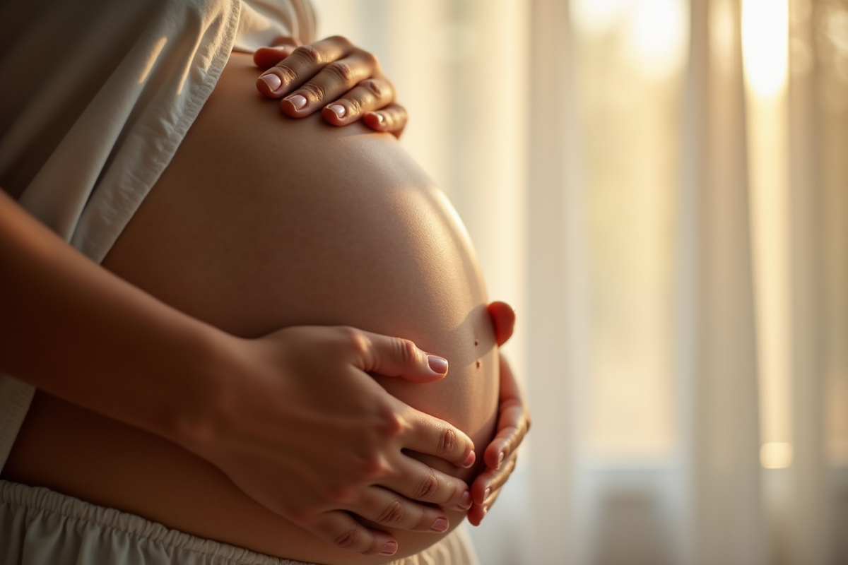 Mains posées sur le ventre de la femme enceinte
