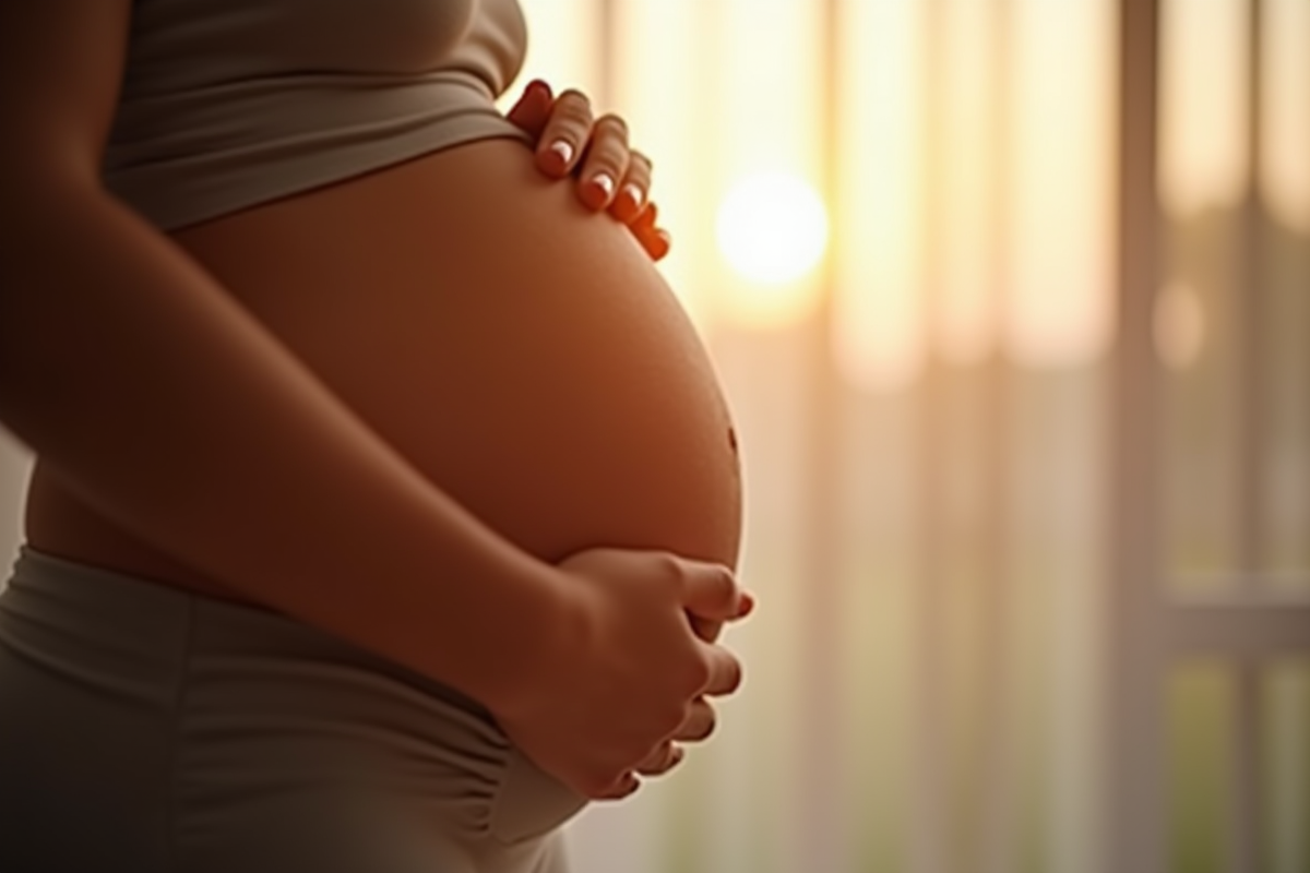 Mains touchant doucement le ventre de la femme enceinte