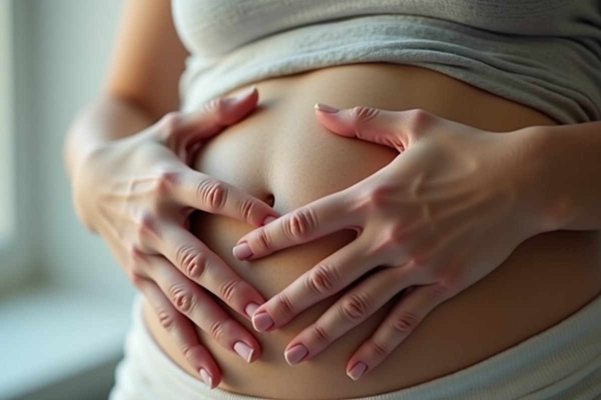 Mains posées doucement sur le ventre en lumière naturelle