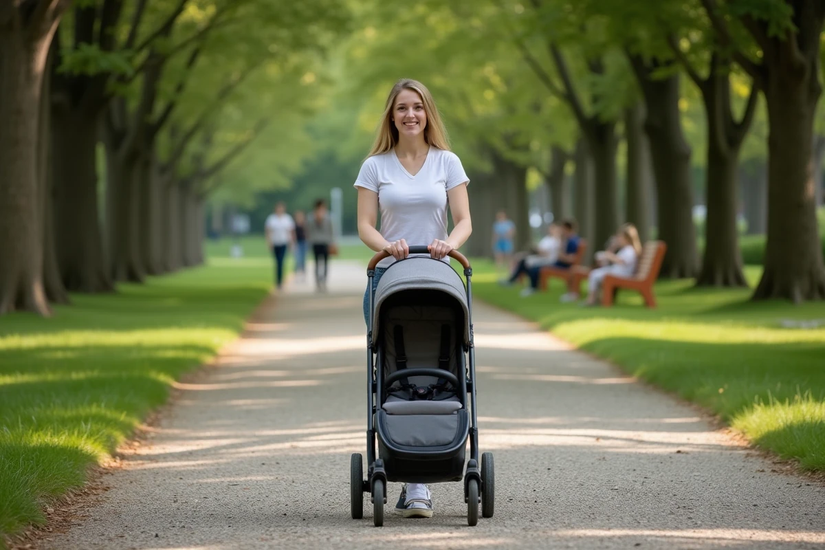 Maman souriante poussant une poussette dans le parc