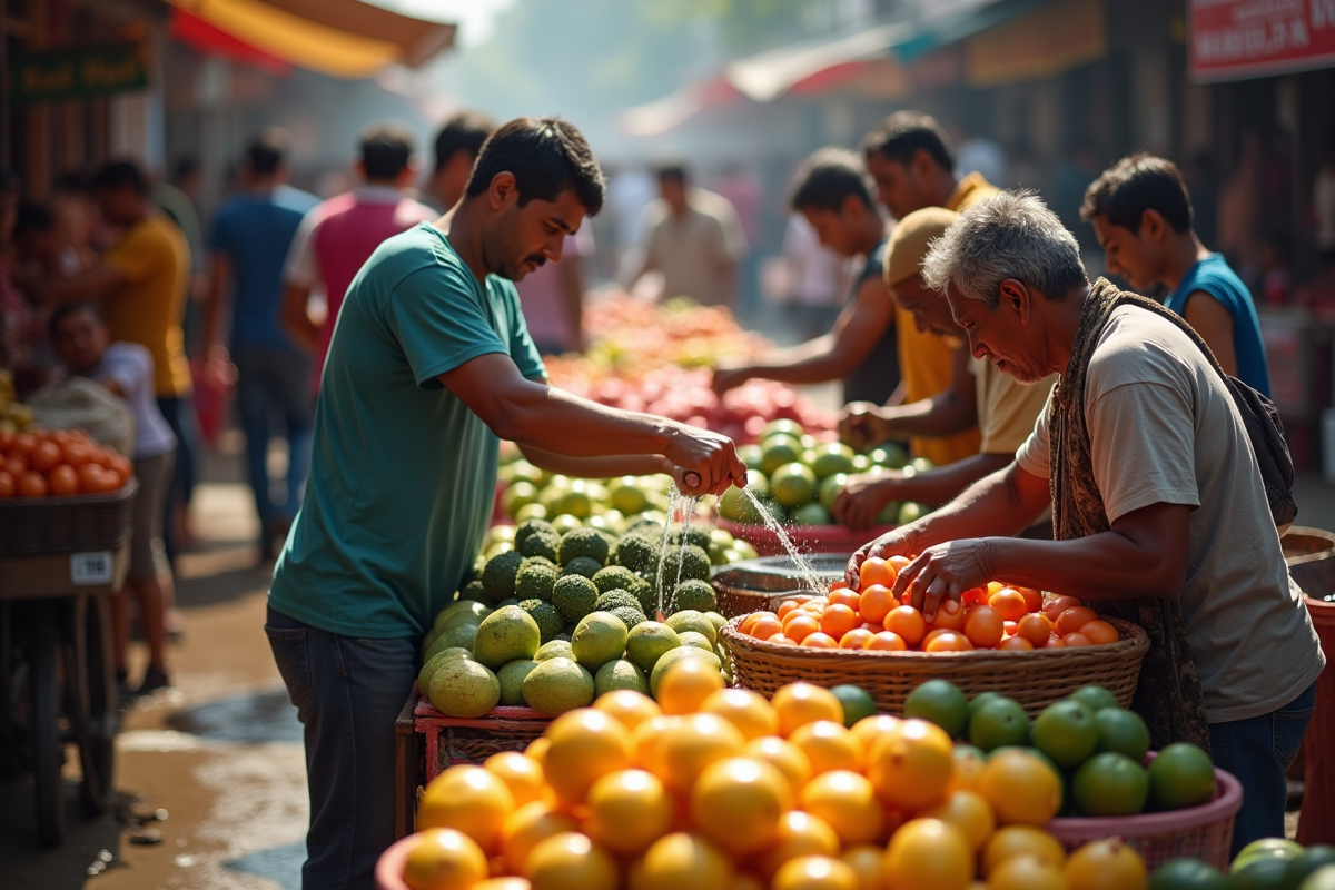Marché en plein air avec des personnes lavant des fruits à une station d