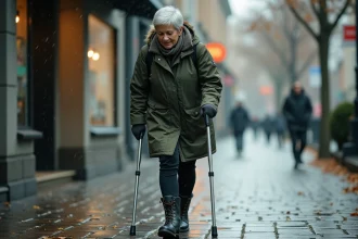Femme marchant avec une béquille sur pavés mouillés en automne, maintenant son équilibre avec précaution