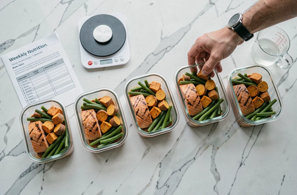 Meal prep hebdomadaire pour la prise de masse avec des repas portionnés dans des boîtes en verre sur un plan de travail en marbre