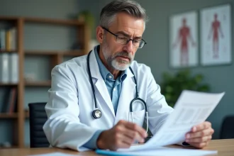 Médecin examinant un bilan sanguin avec un taux de monocytes élevé dans son cabinet médical