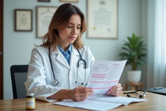 Médecin généraliste analysant les résultats d'une prise de sang révélant une carence en vitamine B12 dans un cabinet médical moderne