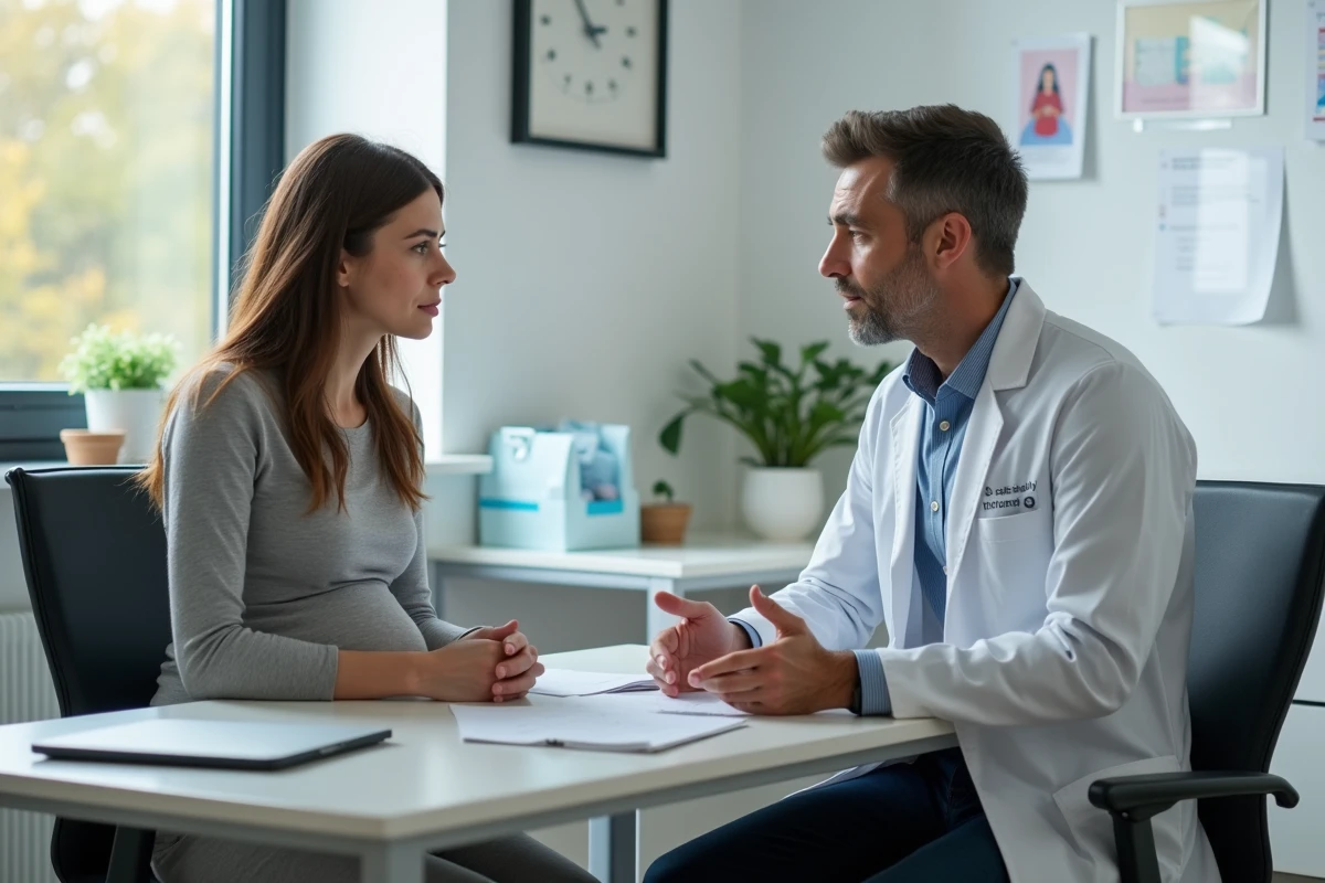 Medecin parlant &agrave; une femme enceinte dans un bureau m&eacute;dical