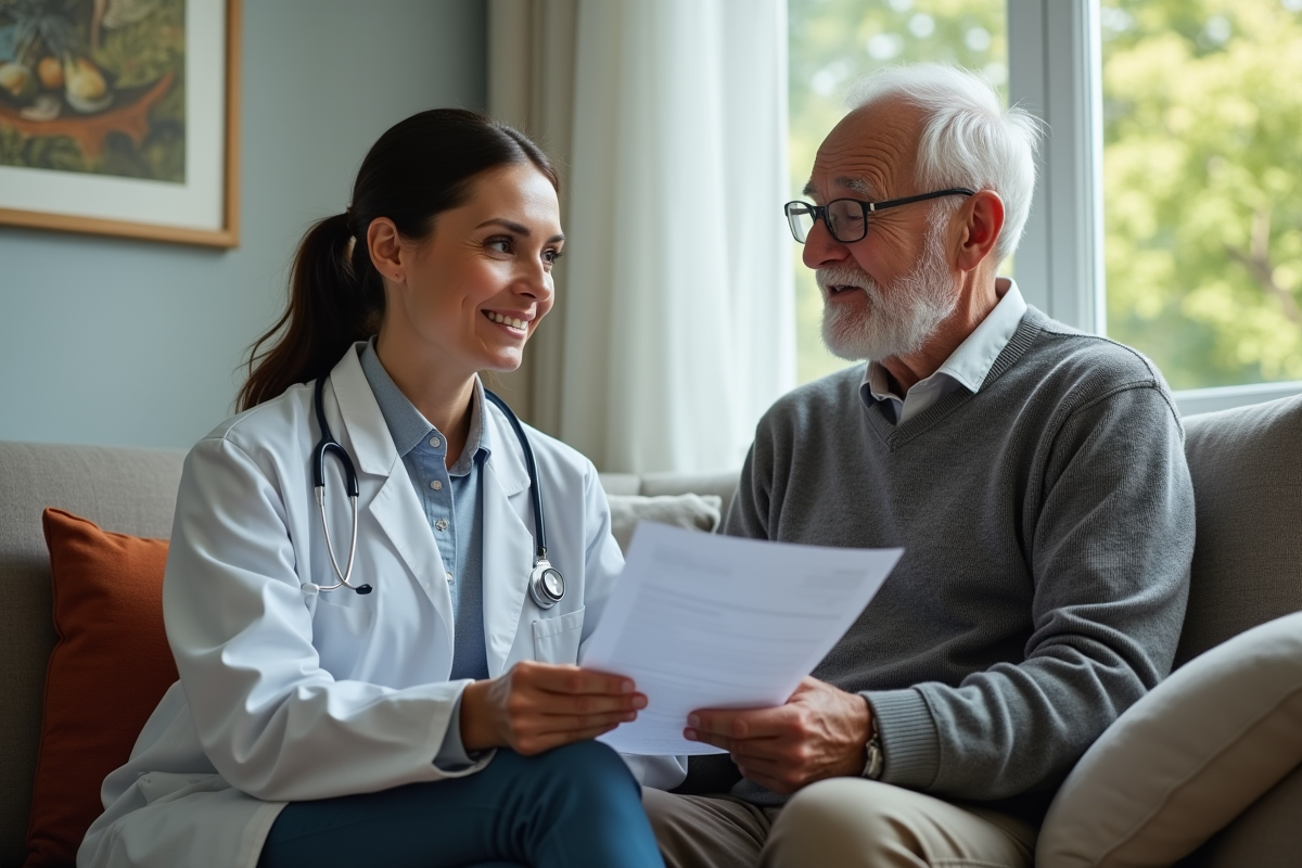 Médecin expliquant un document à un patient dans un cabinet chaleureux
