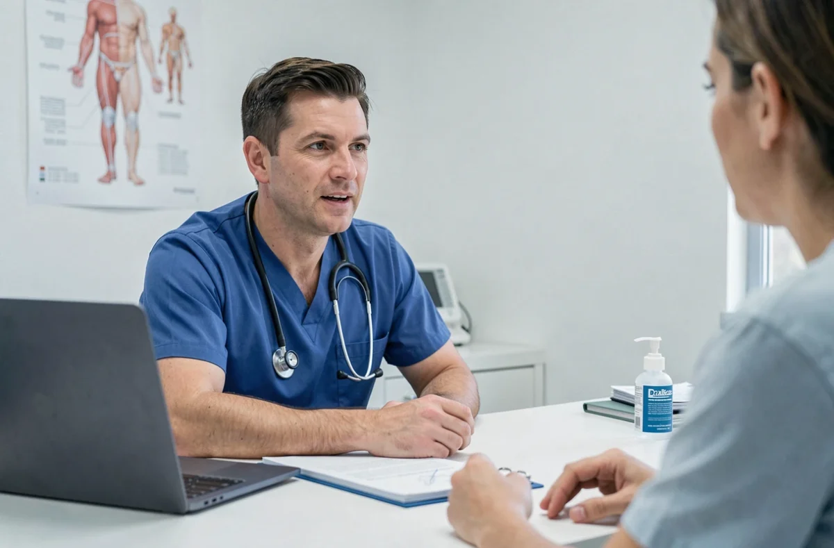 Médecin consultant un patient dans un cabinet médical pour le nouveau variant Covid 2026