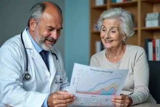 Medecin explique un graphique de pression a une patiente souriante