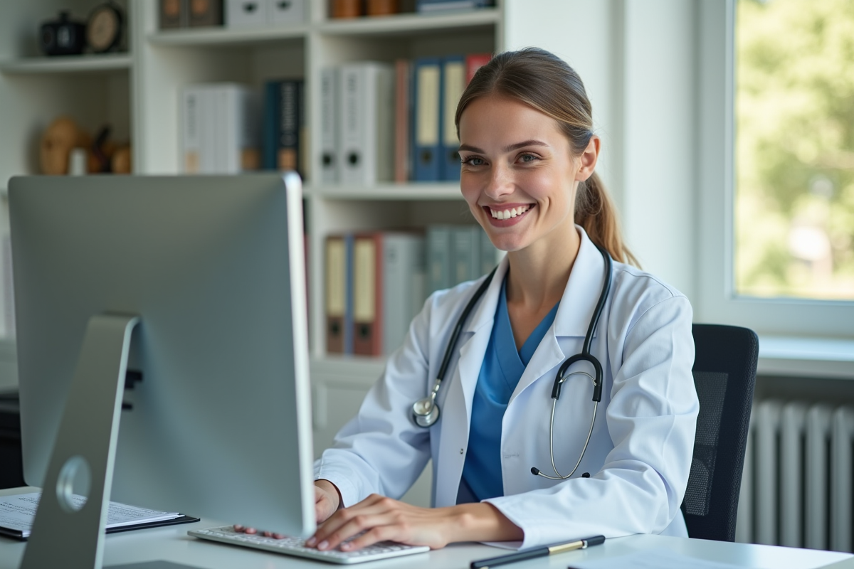 Jeune femme médecin souriante dans un cabinet médical lumineux