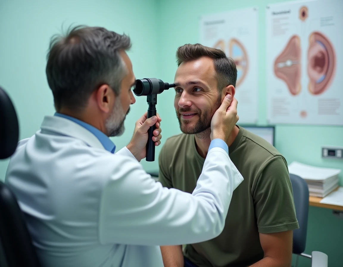 M&eacute;decin ORL examinant l'oreille gauche d'un patient avec un otoscope lors d'une consultation pour acouph&egrave;nes et sifflement auriculaire