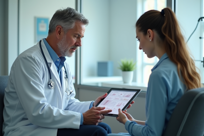 Medecin et patiente consultent sur une tablette en milieu hospitalier