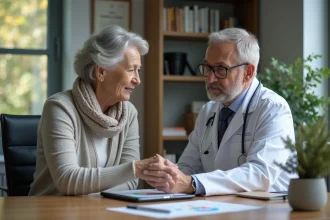 Rhumatologue en consultation avec une patiente âgée dans un bureau moderne