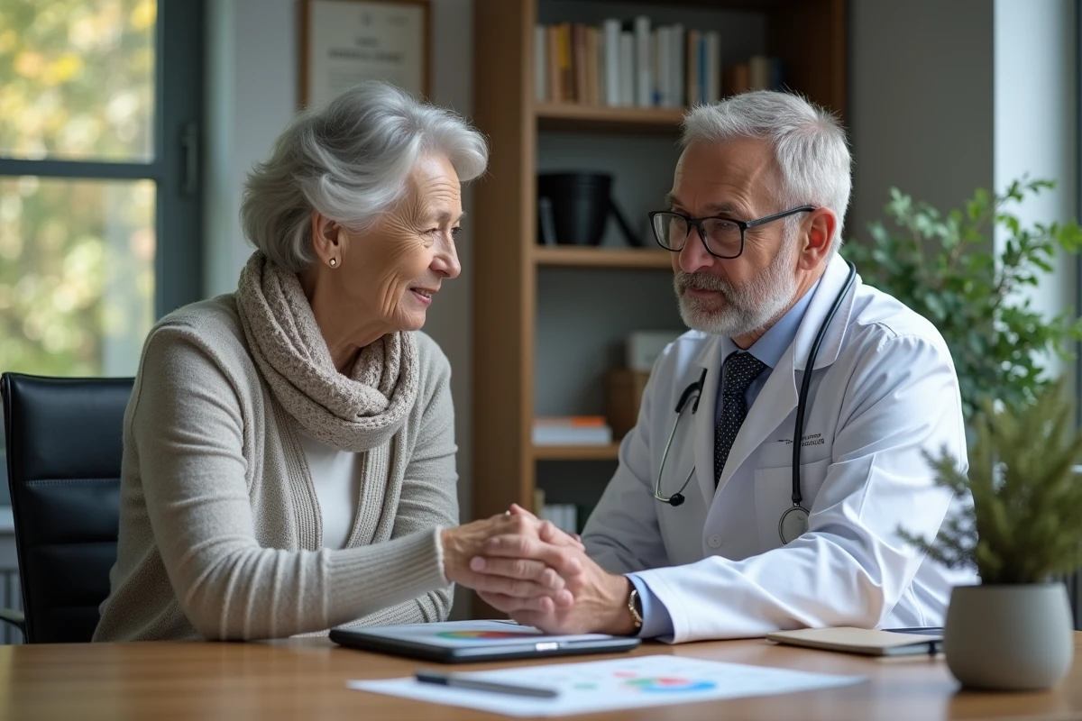 Rhumatologue en consultation avec une patiente âgée dans un bureau moderne