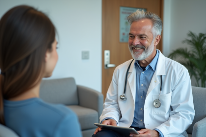 Médecin souriant avec tablette dans une clinique moderne