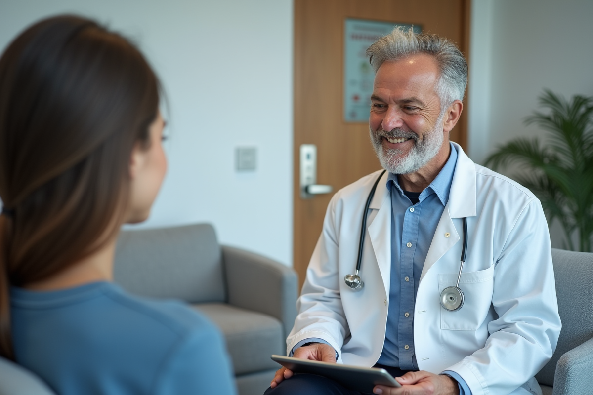 Médecin souriant avec tablette dans une clinique moderne