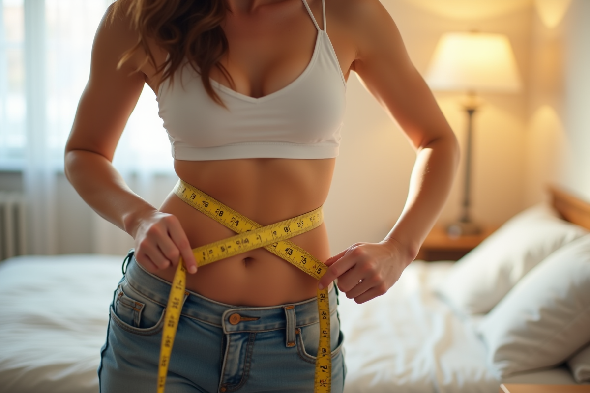 Femme mesurant sa taille avec un ruban dans une chambre lumineuse