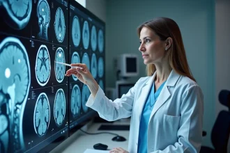 Neurologue examinant des taches blanches sur une IRM cérébrale montrant des hypersignaux de la substance blanche